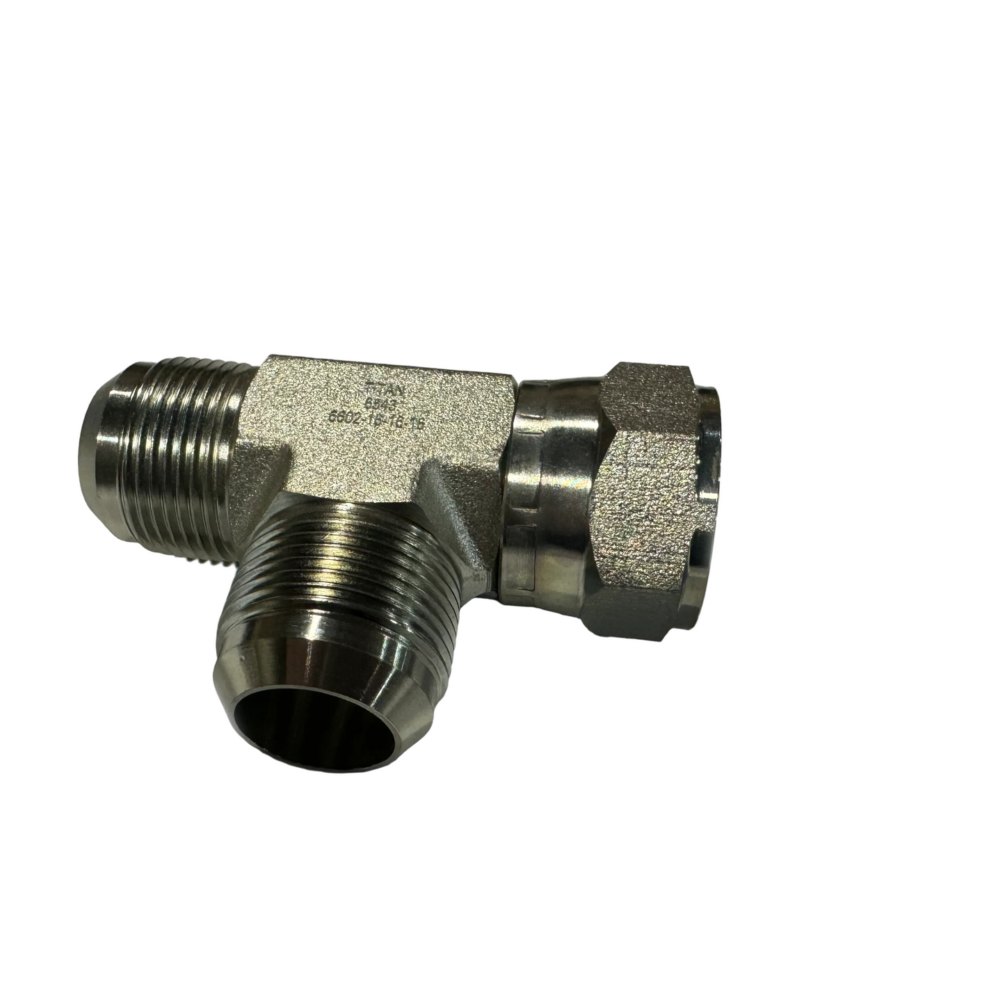 F5706X16X16X16 | #16 Swivel Nut Run Tee, 1" JIC Male x 1" JIC Female Swivel x 1" JIC Male.