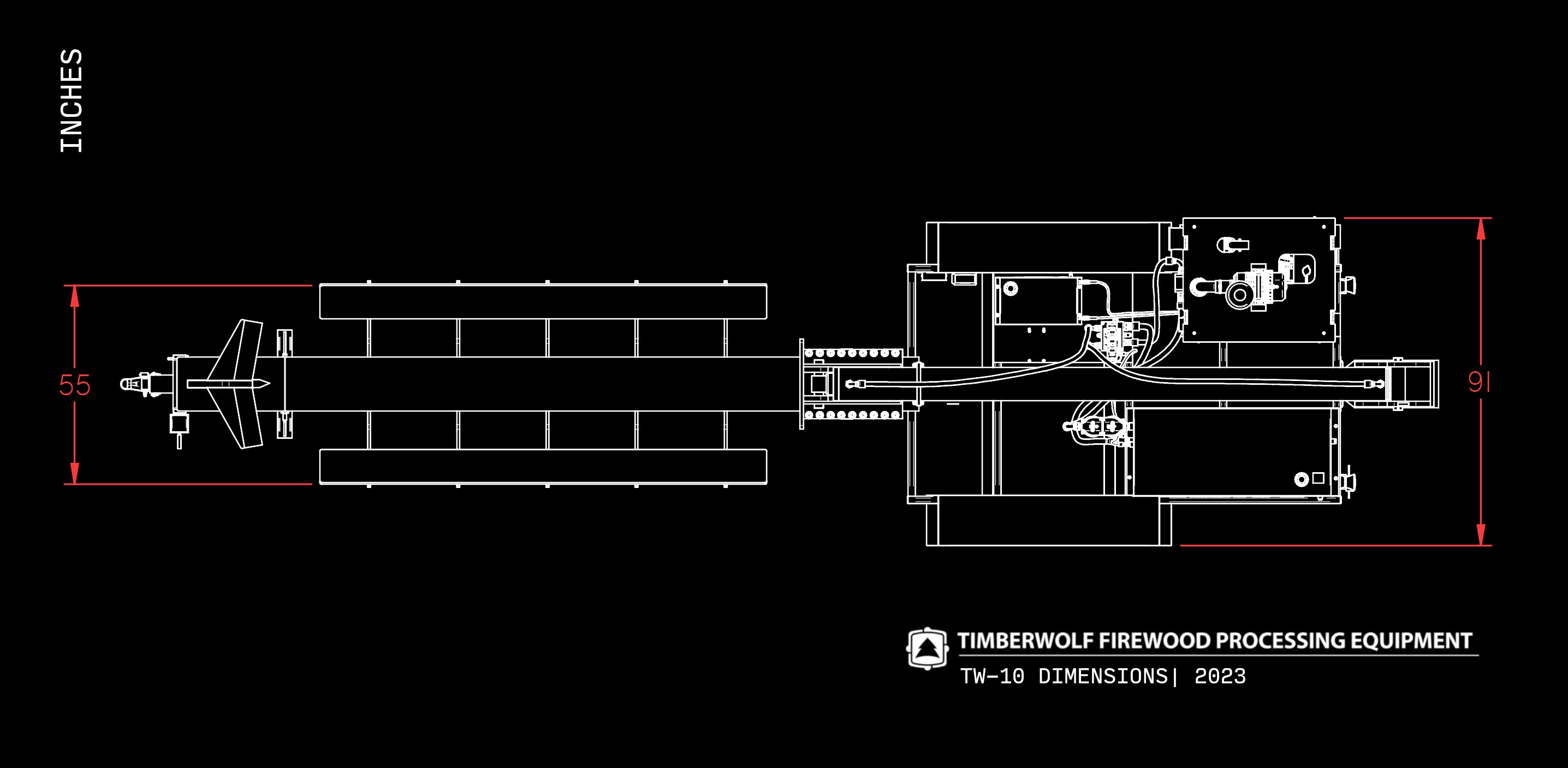 Timberwolf Firewood Processing Equipment TW-10 Log Splitter Top View Dimensions