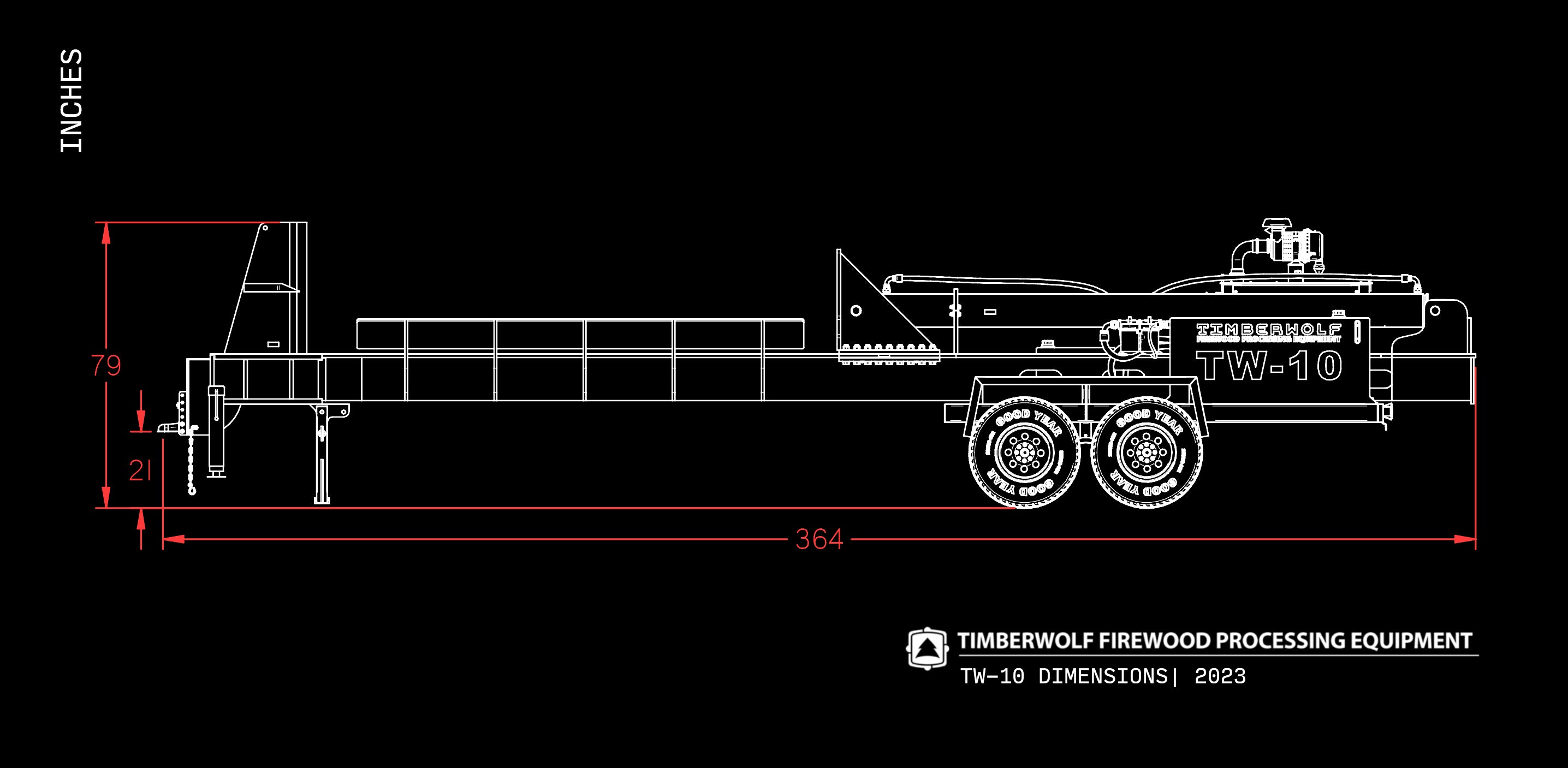 Timberwolf Firewood Processing Equipment TW-10 Log Splitter Side View Dimensions